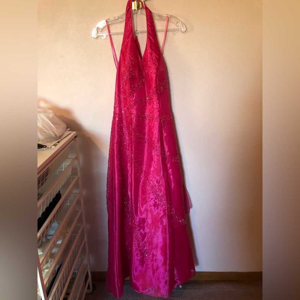 Fuchsia pink halter A-Line formal prom dress